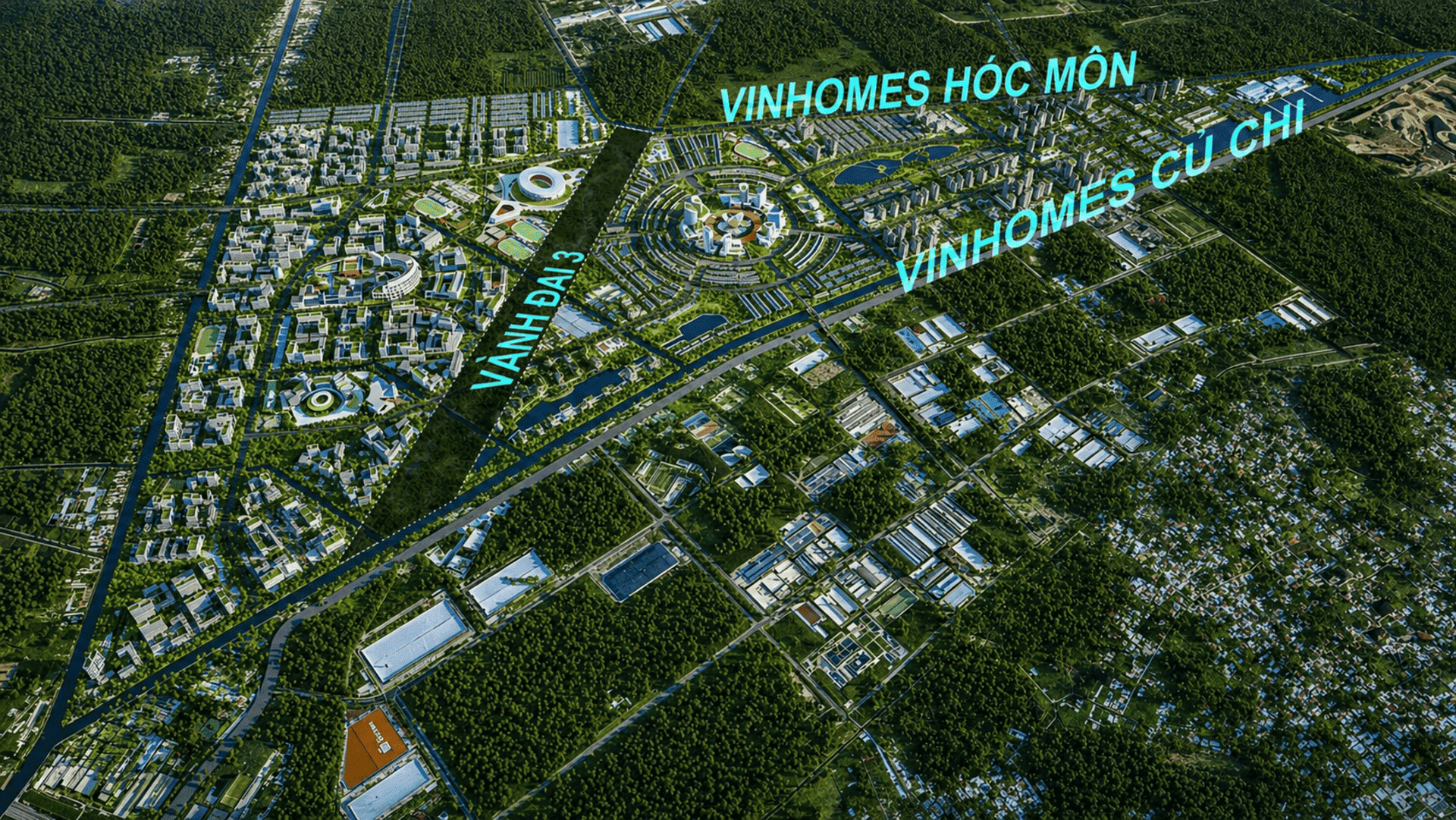 Không gian sống hài hòa khi các khối nhà hiện đại được bao bọc bởi hệ thống cây xanh cổ thụ tại Vinhomes Saigon Park.